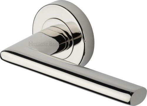 Click Here To Enlarge This Photo Of V2355-PNF Heritage Brass Door Handle Lever Latch on Round Rose Admiralty Design Polished Nickel finish