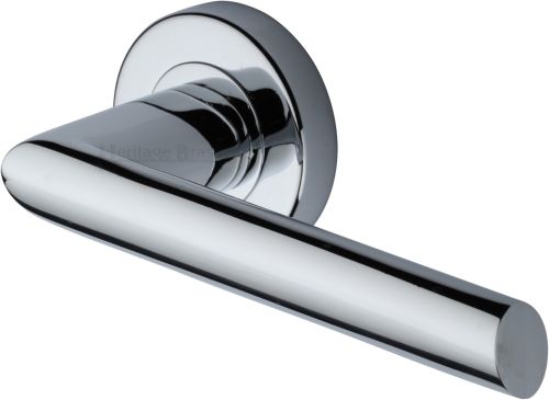 Click Here To Enlarge This Photo Of V3262-PC Heritage Brass Door Handle Lever Latch on Round Rose Mercury Design Polished Chrome finish