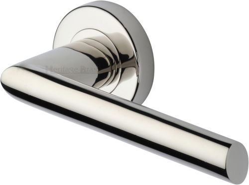 Click Here To Enlarge This Photo Of V3262-PNF Heritage Brass Door Handle Lever Latch on Round Rose Mercury Design Polished Nickel finish