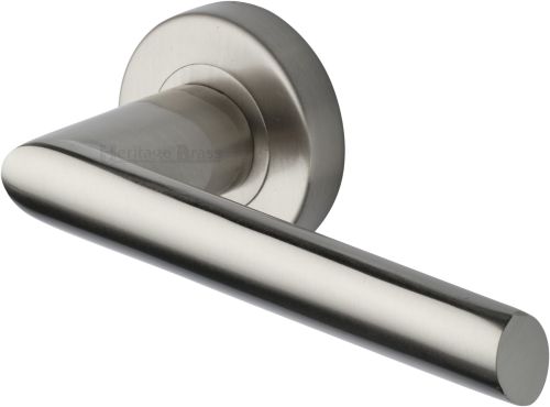 Click Here To Enlarge This Photo Of V3262-SN Heritage Brass Door Handle Lever Latch on Round Rose Mercury Design Satin Nickel finish