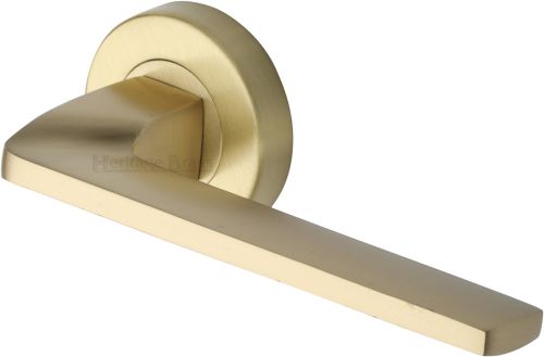 Click Here To Enlarge This Photo Of V3790-SB Heritage Brass Door Handle Lever Latch on Round Rose Metro Angled Design Satin Brass finish