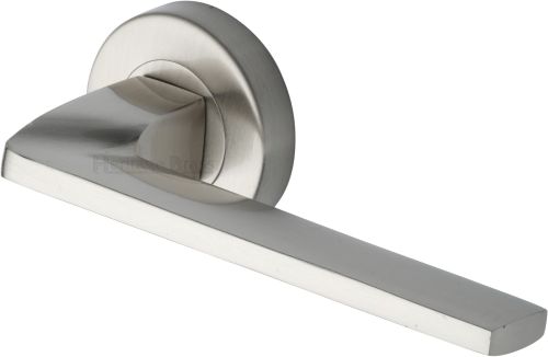 Click Here To Enlarge This Photo Of V3790-SN Heritage Brass Door Handle Lever Latch on Round Rose Metro Angled Design Satin Nickel finish