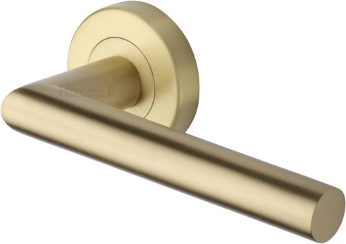 Click Here To Enlarge This Photo Of V3840-SB Heritage Brass Door Handle Lever Latch on Round Rose Athena Design Satin Brass finish