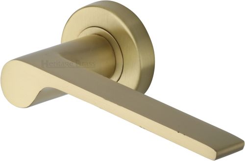 Click Here To Enlarge This Photo Of V4190-SB Heritage Brass Door Handle Lever Latch on Round Rose Julia Design Satin Brass finish