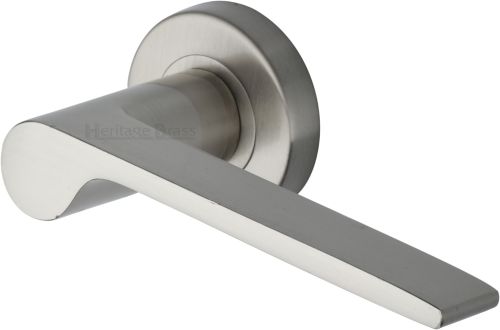 Click Here To Enlarge This Photo Of V4190-SN Heritage Brass Door Handle Lever Latch on Round Rose Julia Design Satin Nickel finish