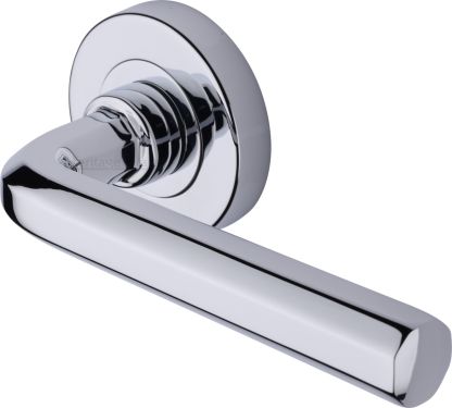 Click Here To Enlarge This Photo Of V4545-PC Heritage Brass Door Handle Lever Latch on Round Rose Octave Design Polished Chrome finish