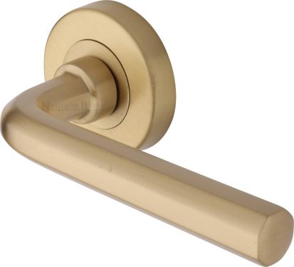 Click Here To Enlarge This Photo Of V4545-SB Heritage Brass Door Handle Lever Latch on Round Rose Octave Design Satin Brass finish