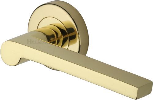 Click Here To Enlarge This Photo Of V6225-PB Heritage Brass Door Handle Lever Latch on Round Rose Metro Mid Century Design Polished Brass finish
