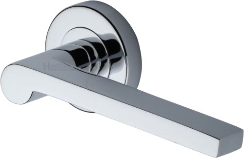 Click Here To Enlarge This Photo Of V6225-PC Heritage Brass Door Handle Lever Latch on Round Rose Metro Mid Century Design Polished Chrome finish