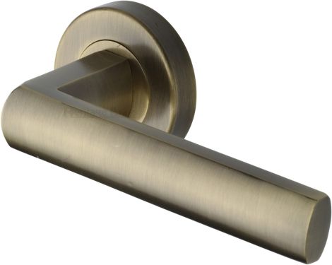 Click Here To Enlarge This Photo Of V6230-AT Heritage Brass Door Handle Lever Latch on Round Rose Poseidon Design Antique Brass finish