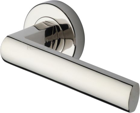 Click Here To Enlarge This Photo Of V6230-PNF Heritage Brass Door Handle Lever Latch on Round Rose Poseidon Design Polished Nickel finish
