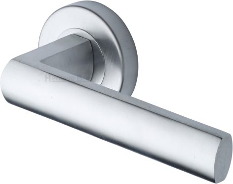 Click Here To Enlarge This Photo Of V6230-SC Heritage Brass Door Handle Lever Latch on Round Rose Poseidon Design Satin Chrome finish
