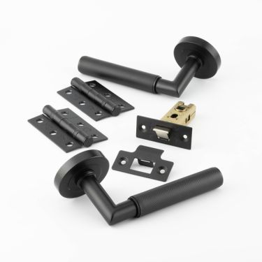 Click Here To Enlarge This Photo Of JMB400PK Frelan Hardware Nero Matt Black Knurled Mitred Door Pack including Handles&comma; Hinges and Latch