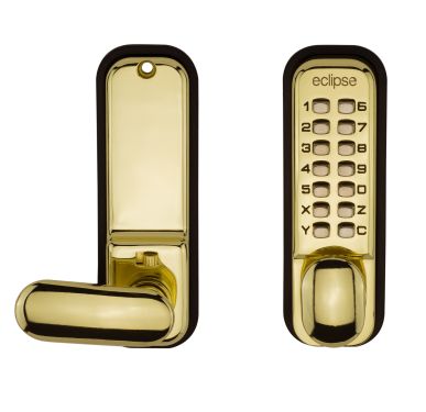 Click Here To Enlarge This Photo Of Eclipse ED20 Easy Code Change Mechanical Push Button Digital Lock with Holdback - Polished Brass &lpar;70251&rpar;