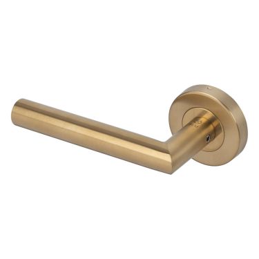Click Here To Enlarge This Photo Of BLU Performance Mitre Lever Door Handle on Round Rose&comma; 316 Stainless Steel in a PVD Satin Brass Finish &lpar;KM060C-PSB&rpar;
