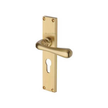 Click Here To Enlarge This Photo Of RR3048-SB Heritage Brass Charlbury Reeded Backplate Euro Profile Satin Brass finish