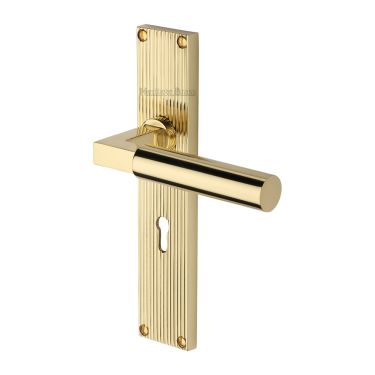 Click Here To Enlarge This Photo Of RR7300-PB Heritage Brass Bauhaus Reeded Backplate Lever Lock Polished Brass finish