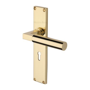 Click Here To Enlarge This Photo Of VT6300-PB Heritage Brass Bauhaus Lever Lock Door Handle on 200mm Plate Polished Brass finish