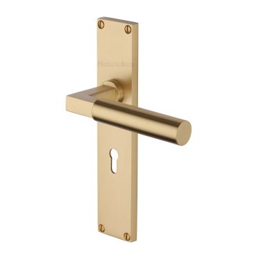 Click Here To Enlarge This Photo Of VT6300-SB Heritage Brass Bauhaus Lever Lock Door Handle on 200mm Plate Satin Brass finish