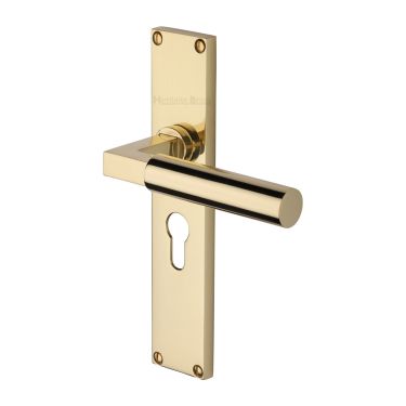Click Here To Enlarge This Photo Of VT6348-PB Heritage Brass Bauhaus Euro Profile Door Handle on 200mm Plate Polished Brass finish