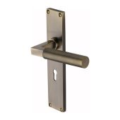 VT9300-AT Heritage Brass Bauhaus Knurled Lever Lock Door Handle on 200mm Plate Antique Brass finish