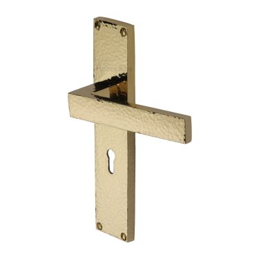 Click Here To Enlarge This Photo Of VTH3300-PB Heritage Brass Delta Hammered Lever Lock Door Handle on 200mm Plate Polished Brass finish
