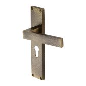 VTH3348-AT Heritage Brass Delta Hammered Euro Profile Door Handle on 200mm Plate Antique Brass finish
