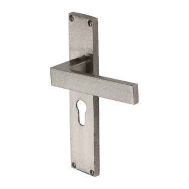 Click Here To Enlarge This Photo Of VTH3348-SN Heritage Brass Delta Hammered Euro Profile Door Handle on 200mm Plate Satin Nickel finish