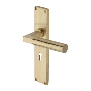 Click Here To Enlarge This Photo Of VTH4300-SB Heritage Brass Bauhaus Hammered Lever Lock Door Handle on 200mm Plate Satin Brass finish
