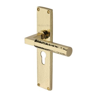 Click Here To Enlarge This Photo Of VTH4348-PB Heritage Brass Bauhaus Hammered Euro Profile Door Handle on 200mm Plate Polished Brass finish