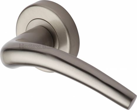 Click Here To Enlarge This Photo Of V1121-SN Heritage Brass Door Handle Lever Latch on Round Rose Wing Design Satin Nickel Finish