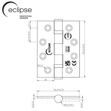 Click Here To Enlarge This Photo Of Eclipse PK920 Grade 13 Matt Black &lpar;Stainless Steel&rpar; Ball Bearing Hinges 102 x 76 x 3mm &lpar;Pack of 3&rpar;