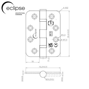 Click Here To Enlarge This Photo Of Eclipse 14879 Grade 13 Polished Brass &lpar;Stainless Steel&rpar; Ball Bearing Radius Corner Hinges 102 x 76 x 3mm