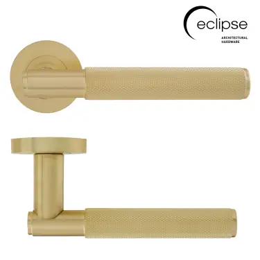 Click Here To Enlarge This Photo Of Eclipse 63233 Satin Brass Knurled Lever on Round Rose Set &lpar;Insignia Range&rpar;