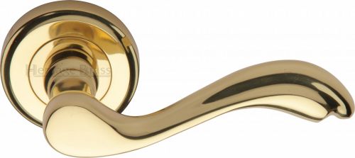 Click Here To Enlarge This Photo Of V1601-PB Heritage Brass Door Handle Lever Latch on Round Rose Lisboa Design Polished Brass Finish