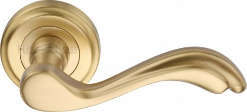 Click Here To Enlarge This Photo Of V1601-SB Heritage Brass Door Handle Lever Latch on Round Rose Lisboa Design Satin Brass Finish
