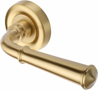 Click Here To Enlarge This Photo Of V1932-SB Heritage Brass Door Handle Lever Latch on Round Rose Colonial Design Satin Brass Finish