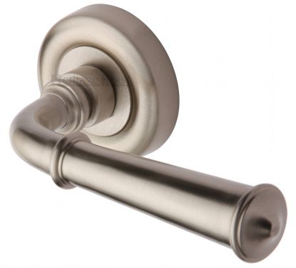 Click Here To Enlarge This Photo Of V1932-SN Heritage Brass Door Handle Lever Latch on Round Rose Colonial Design Satin Nickel Finish