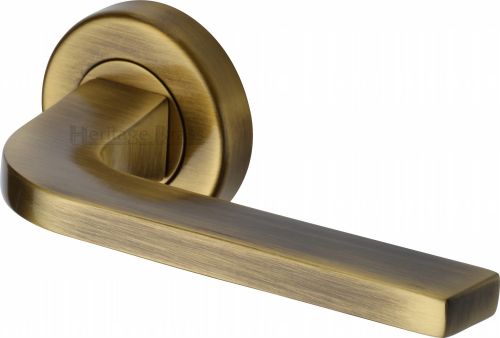 Click Here To Enlarge This Photo Of V2015-AT Heritage Brass Door Handle Lever on Rose Bellagio Design Antique Brass Finish