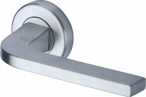 Click Here To Enlarge This Photo Of V2015-SC Heritage Brass Door Handle Lever on Rose Bellagio Design Satin Chrome Finish