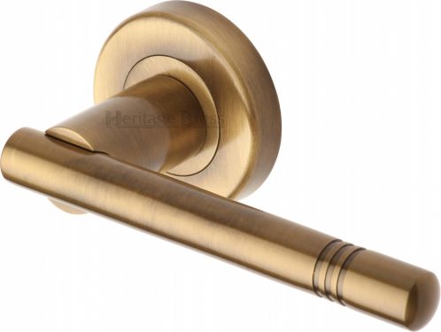 Click Here To Enlarge This Photo Of V2100-AT Heritage Brass Door Handle Lever Latch on Round Rose Alicia Design Antique Brass Finish