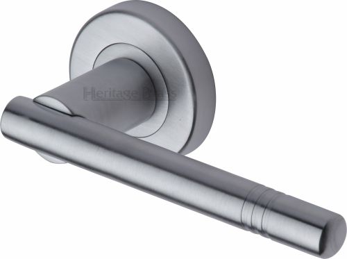 Click Here To Enlarge This Photo Of V2100-SC Heritage Brass Door Handle Lever Latch on Round Rose Alicia Design Satin Chrome Finish