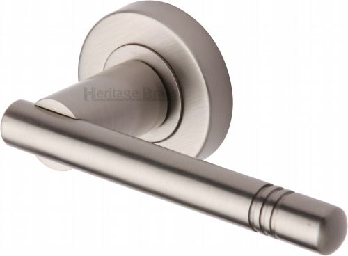 Click Here To Enlarge This Photo Of V2100-SN Heritage Brass Door Handle Lever Latch on Round Rose Alicia Design Satin Nickel Finish