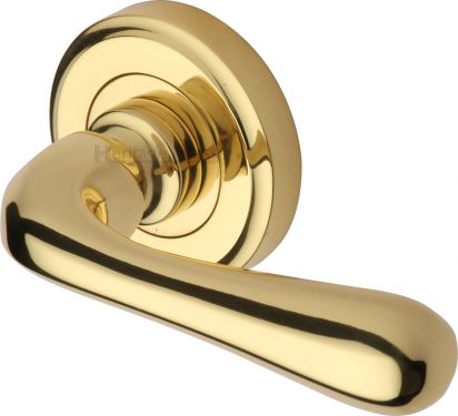 Click Here To Enlarge This Photo Of V3020-PB Heritage Brass Door Handle Lever Latch on Round Rose Charlbury Design Polished Brass Finish