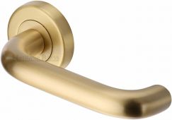 V3090-SB Heritage Brass Door Handle Lever Latch on Round Rose Harmony Design Satin Brass Finish
