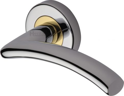 Click Here To Enlarge This Photo Of V3490-CB Heritage Brass Door Handle Lever Latch on Round Rose Centaur Design Chrome & Brass Finish