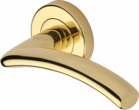 Click Here To Enlarge This Photo Of V3490-PB Heritage Brass Door Handle Lever Latch on Round Rose Centaur Design Polished Brass Finish