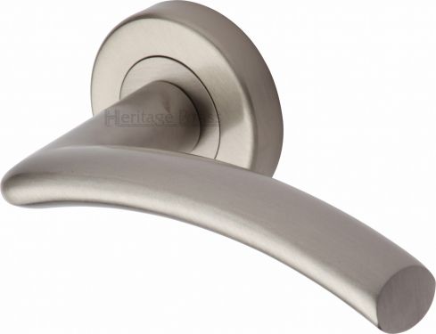 Click Here To Enlarge This Photo Of V3490-SN Heritage Brass Door Handle Lever Latch on Round Rose Centaur Design Satin Nickel Finish