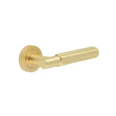 Click Here To Enlarge This Photo Of JV848SB Frelan Hardware Jedo 'Bloom' Lever Handles on Round Rose - Satin Brass
