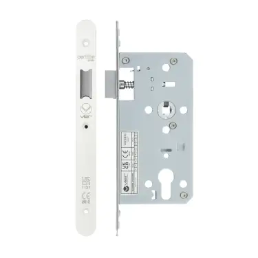 Click Here To Enlarge This Photo Of VDL0055-L-R-PCW - Zoo Hardware Vier DIN Latch 55mm Backset with 2pc Radius Forend - Powder Coated White Finish
